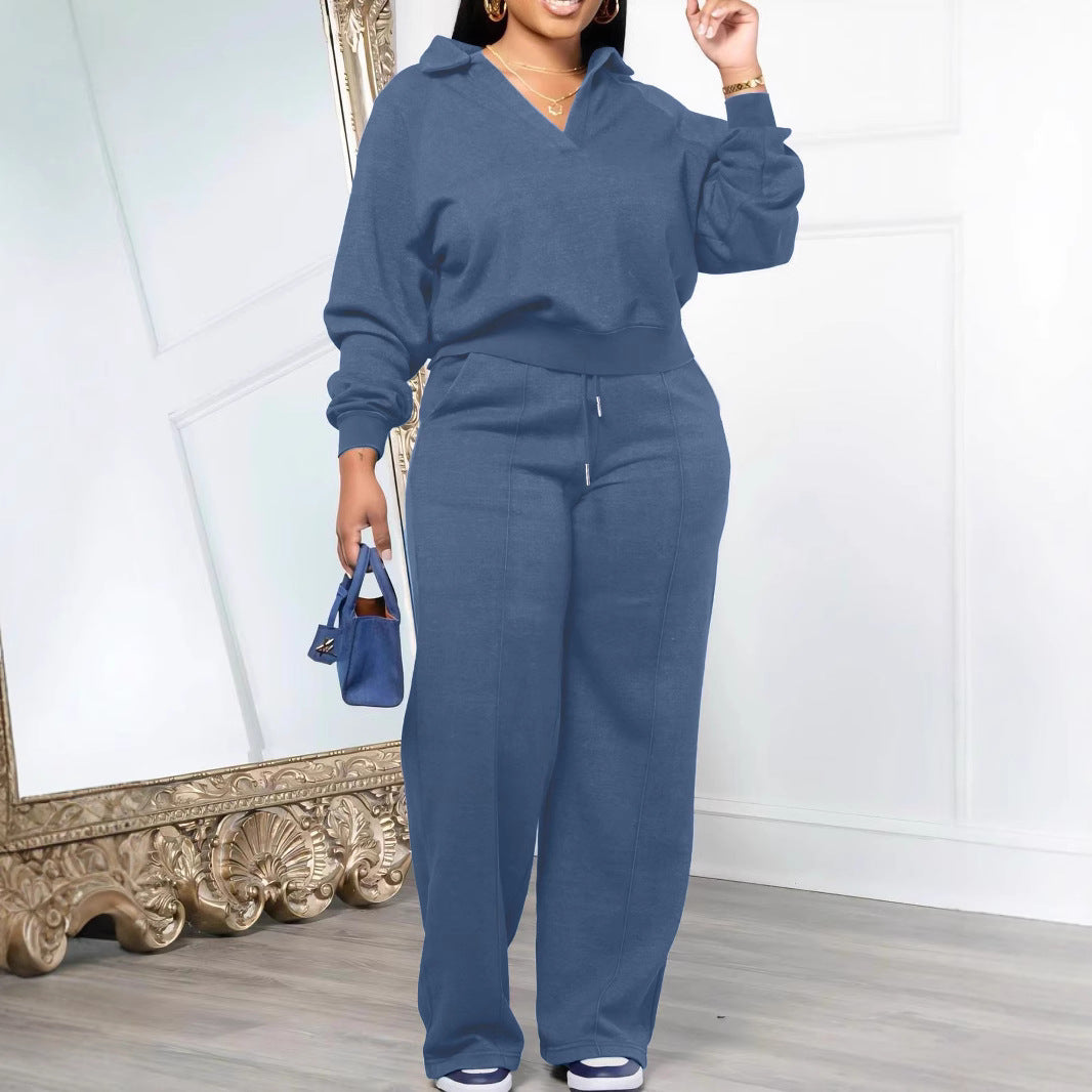 Mara Cozy Collared Pullover and Wide Leg Pants Lounge Set
