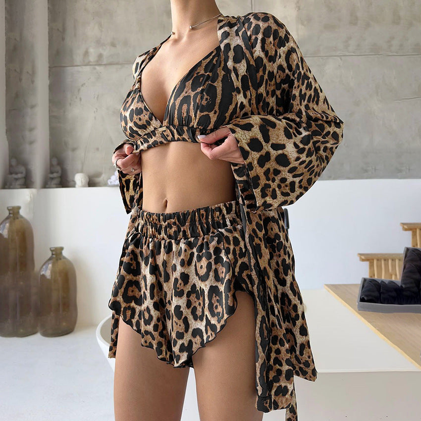 Sienna Leopard Print 3 Piece Lounge Set with Cami, Shorts and Open Shirt