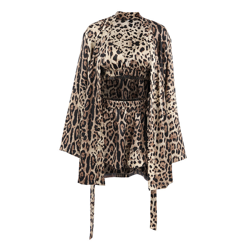 Sienna Leopard Print 3 Piece Lounge Set with Cami, Shorts and Open Shirt