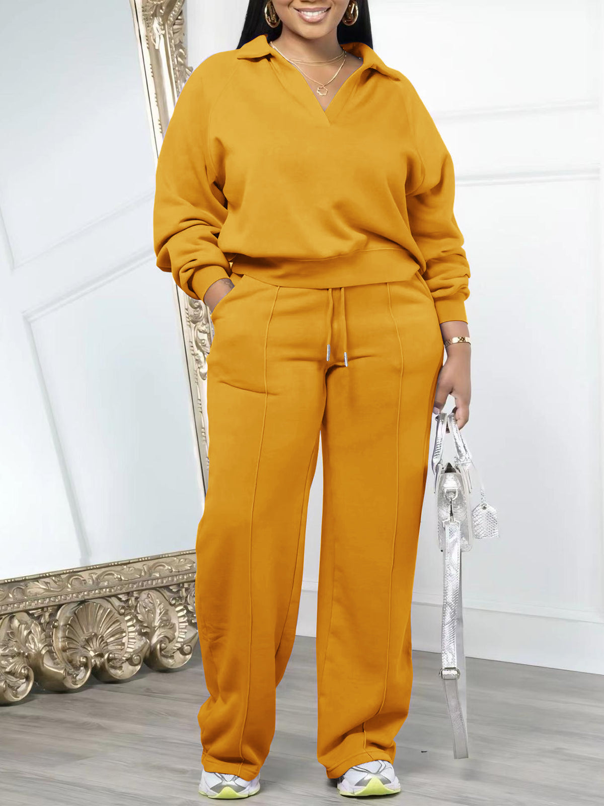 Mara Cozy Collared Pullover and Wide Leg Pants Lounge Set