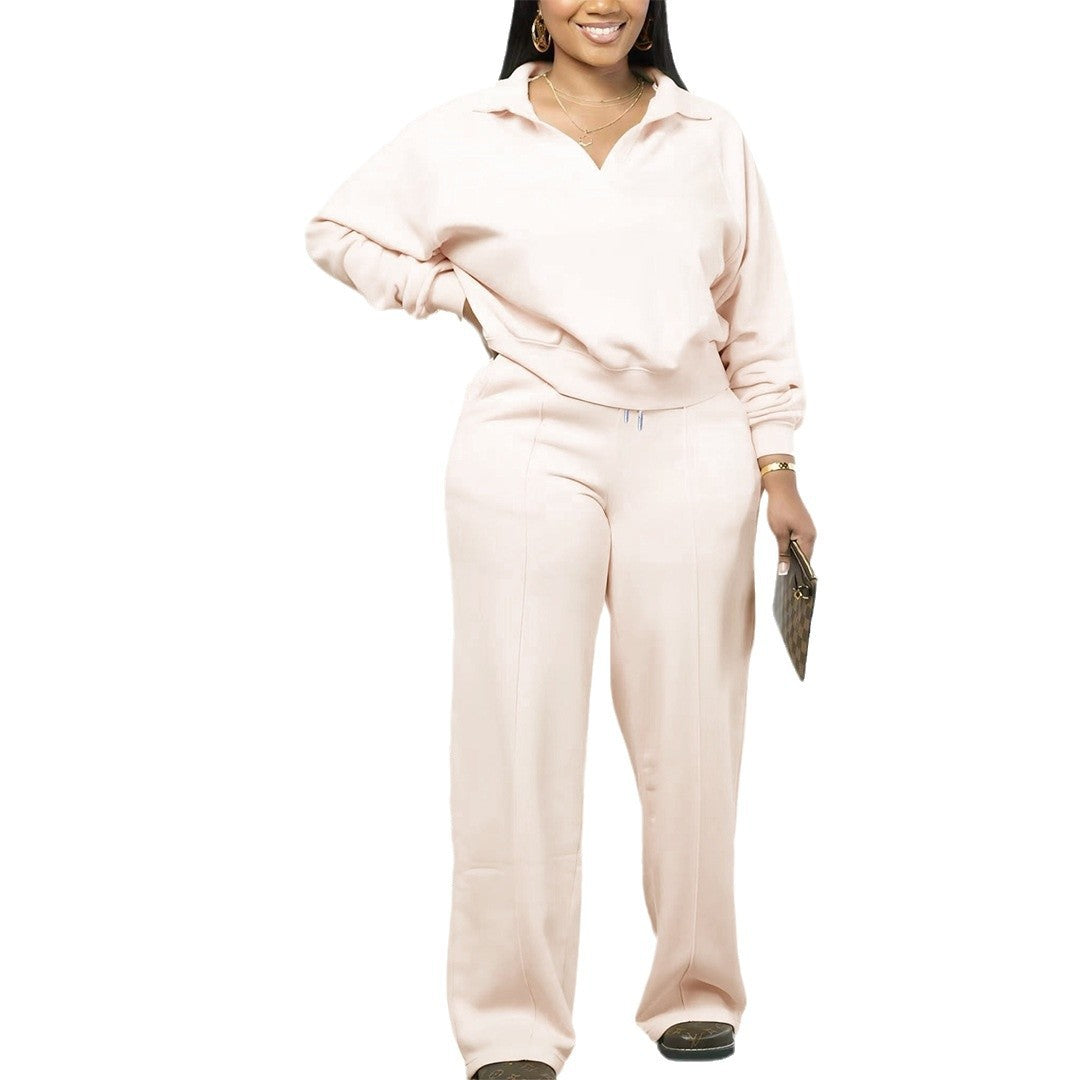 Mara Cozy Collared Pullover and Wide Leg Pants Lounge Set