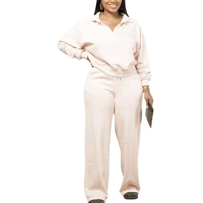 Mara Cozy Collared Pullover and Wide Leg Pants Lounge Set