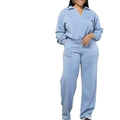 Mara Cozy Collared Pullover and Wide Leg Pants Lounge Set