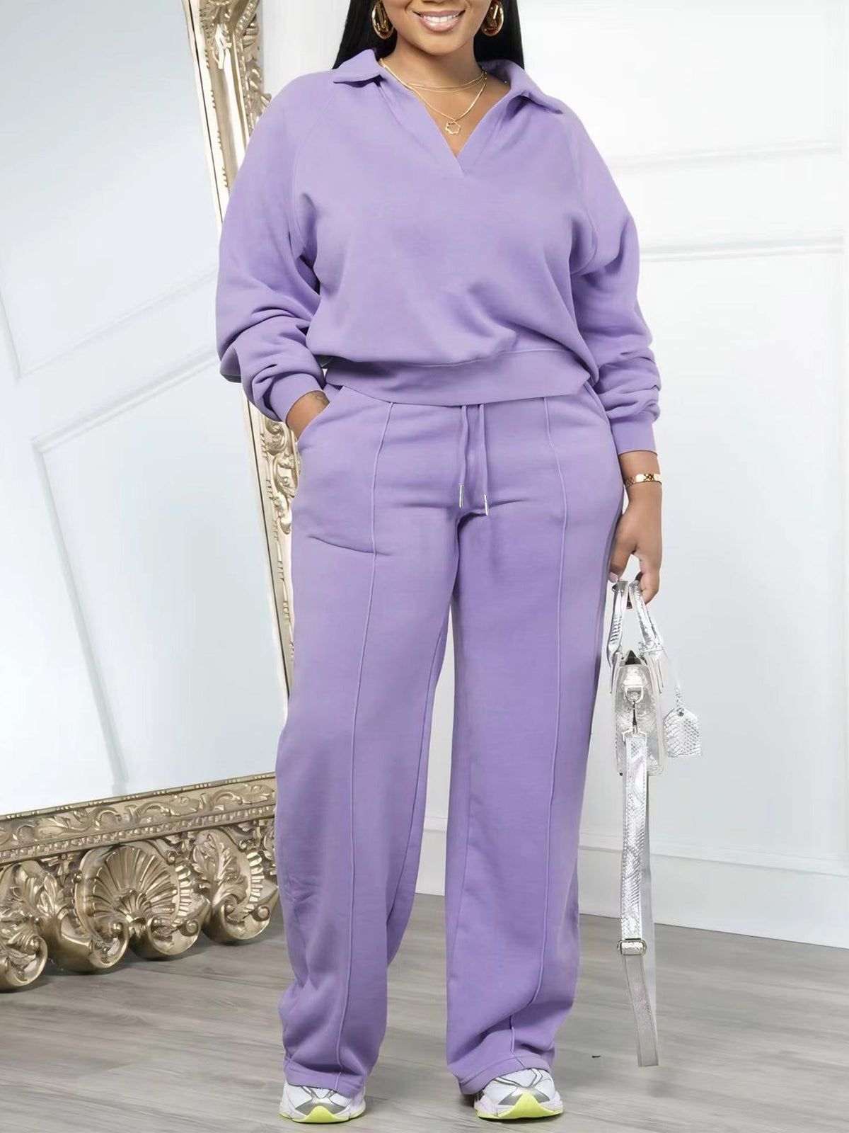 Mara Cozy Collared Pullover and Wide Leg Pants Lounge Set