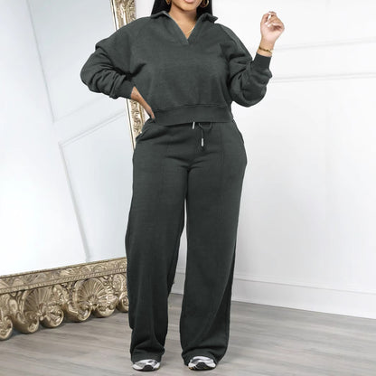 Mara Cozy Collared Pullover and Wide Leg Pants Lounge Set