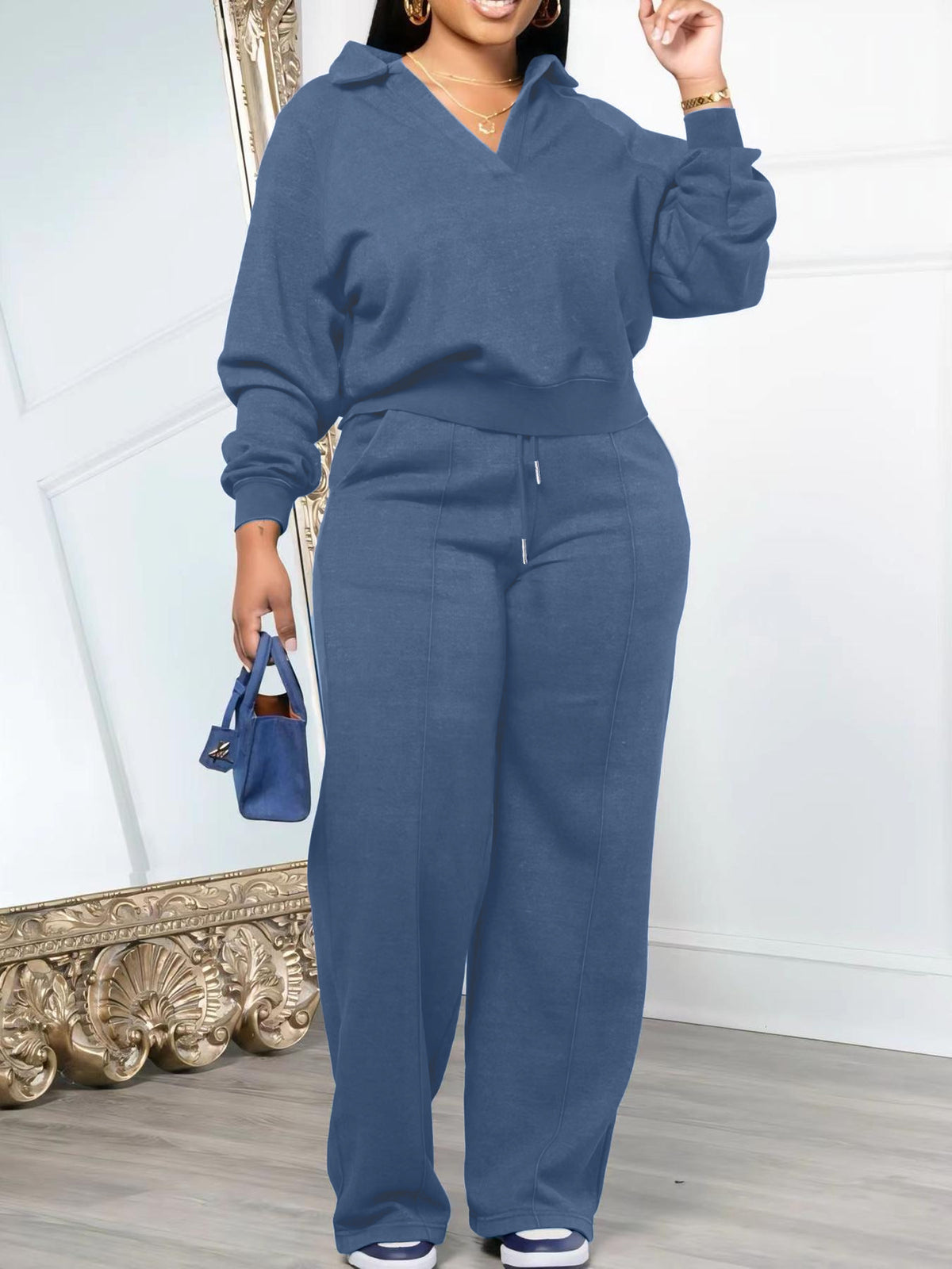 Mara Cozy Collared Pullover and Wide Leg Pants Lounge Set