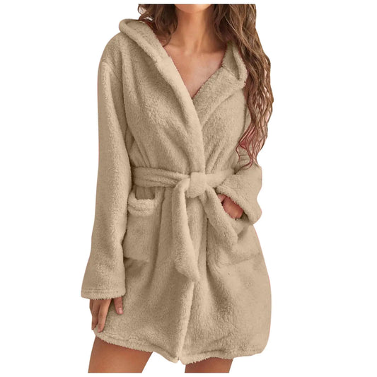Women Fuzzy Robes Plush Bathrobes Long Sleeve Hooded Warm Short Bath Robe Sexy Fleece Sleep Robes with Pockets Khaki