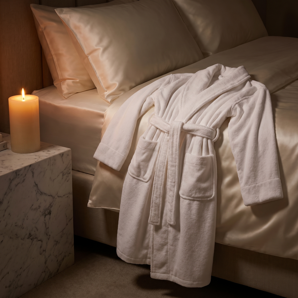 Haven bath robe on bed by marble nightstand