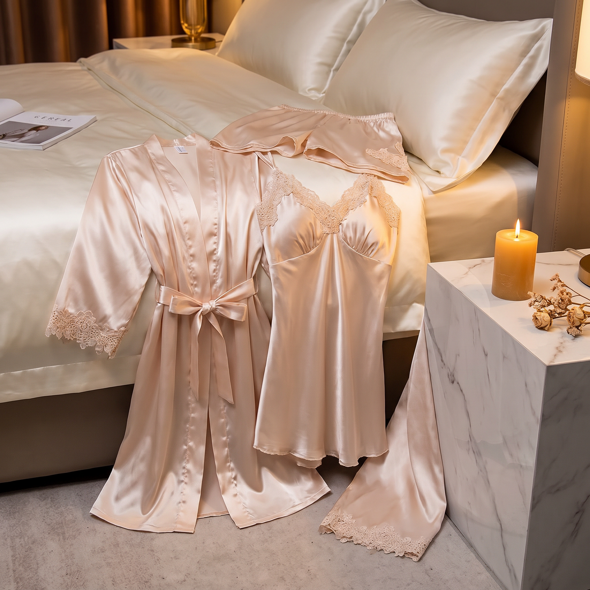 Luna silky satin 5 piece pajama set, styled in a cozy bedroom
