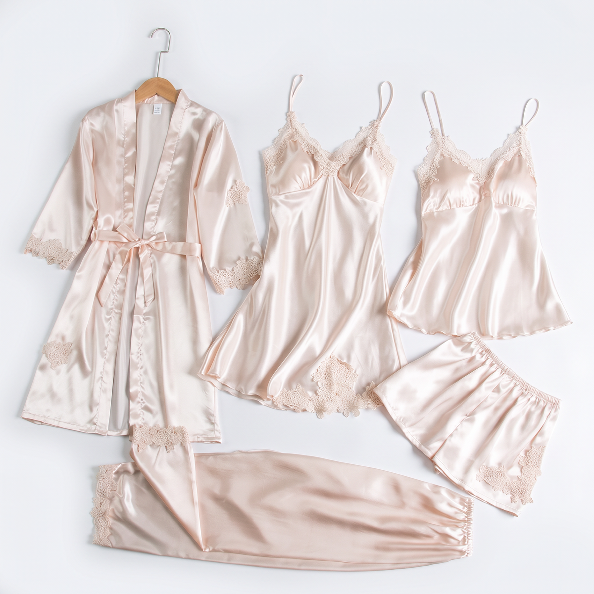 Luna silky satin 5 piece pajama set in champagne, white background