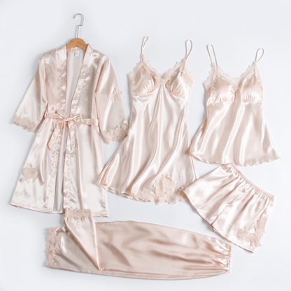 Luna silky satin 5 piece pajama set in champagne, white background