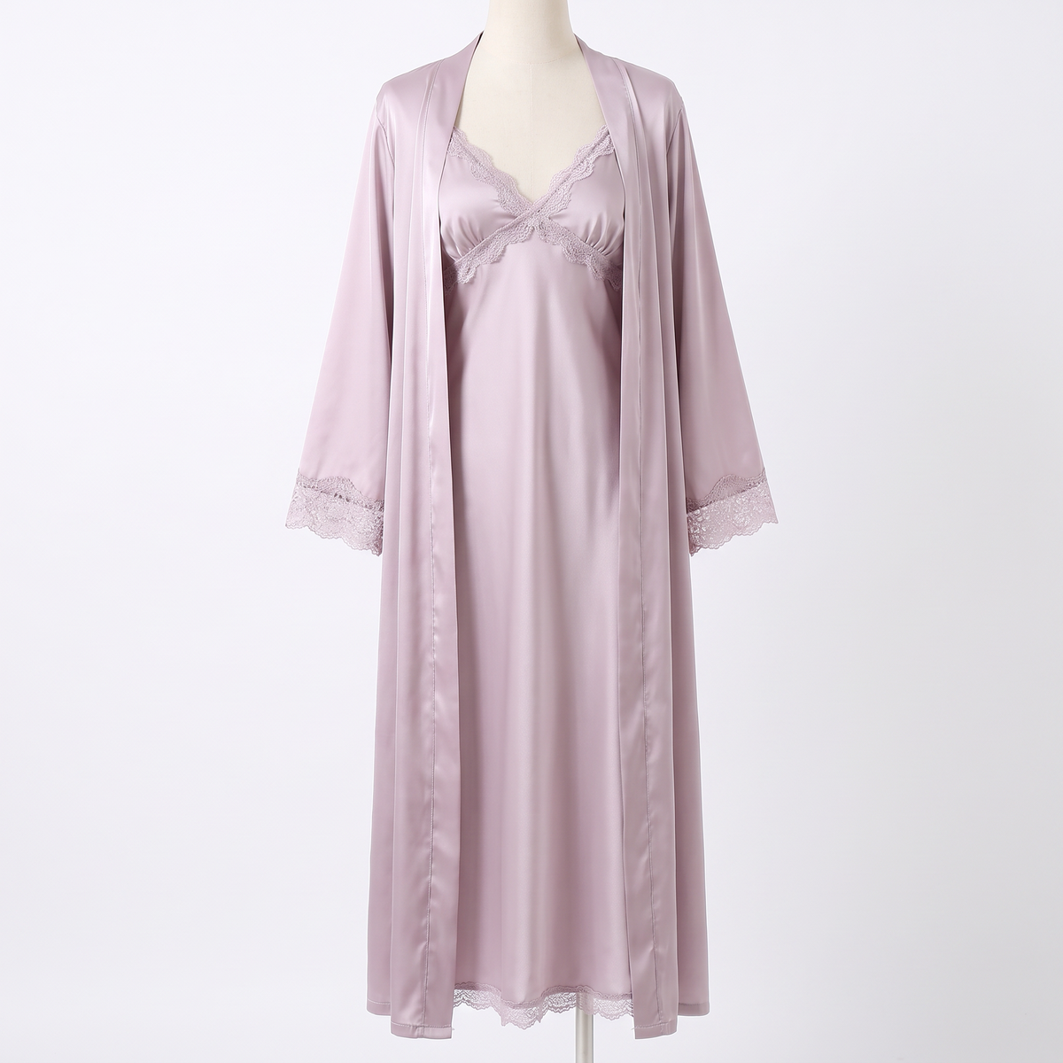 Celeste silky satin nightgown in light purple with robe, white background