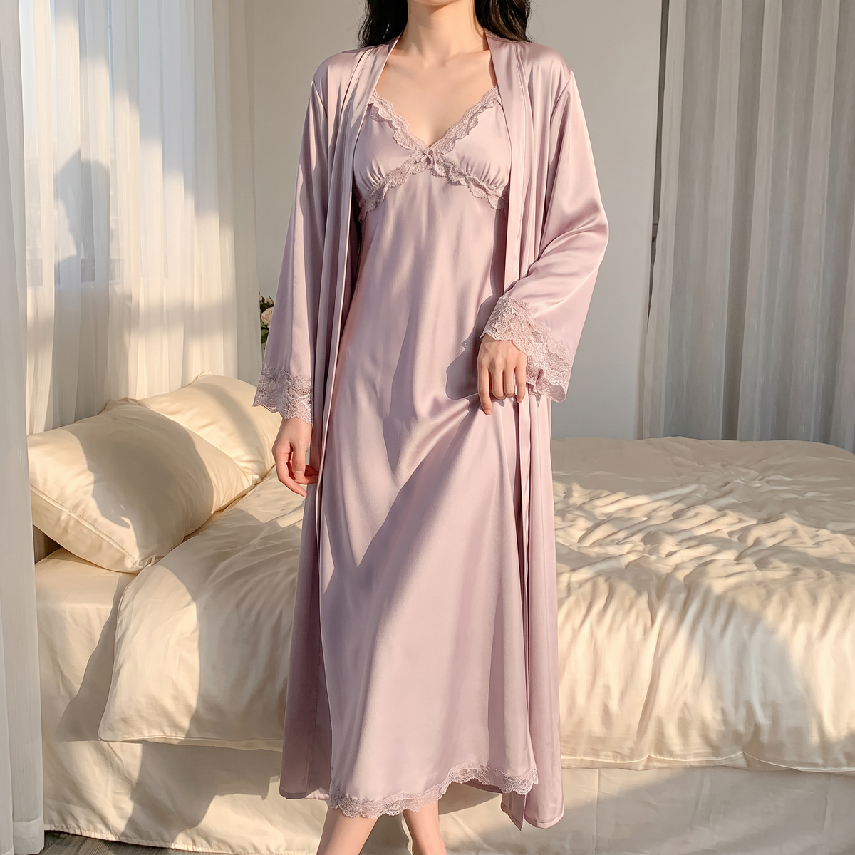 Celeste silky satin nightgown, in a sunlit bedroom