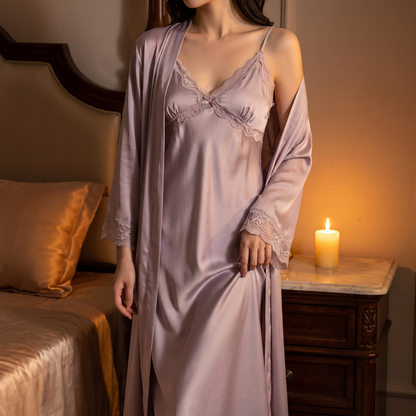 Celeste silky satin nightgown, in a candlelit bedroom