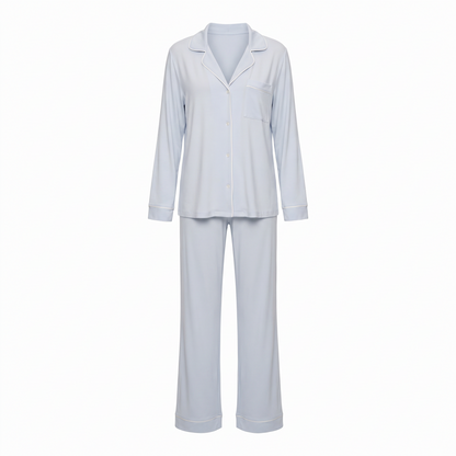 Willow modal button up pajama set in blue, white background