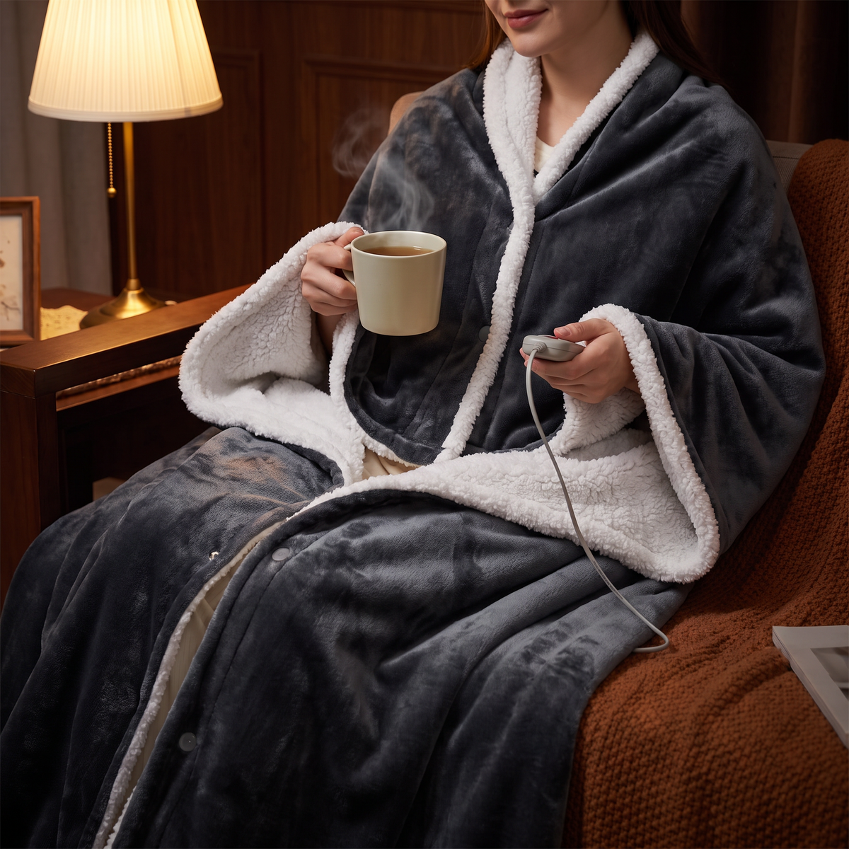 Ember heated wearable blanket, worn on a winter evening