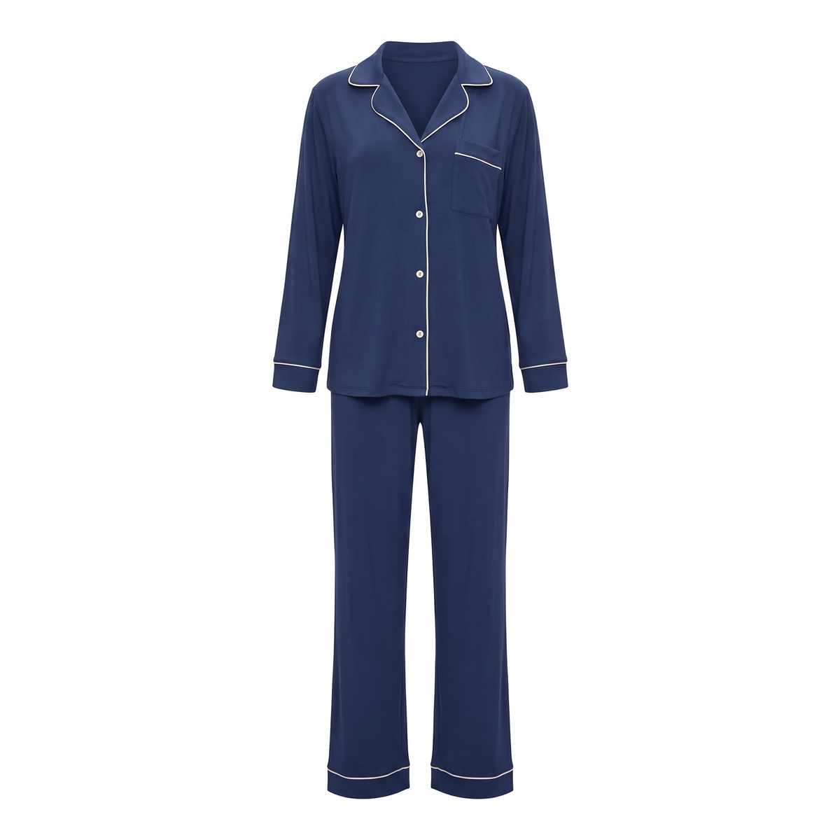 Willow modal button up pajama set in navy blue, white background