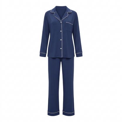 Willow modal button up pajama set in navy blue, white background