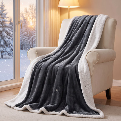 Ember heated wearable blanket, draped over an armchair