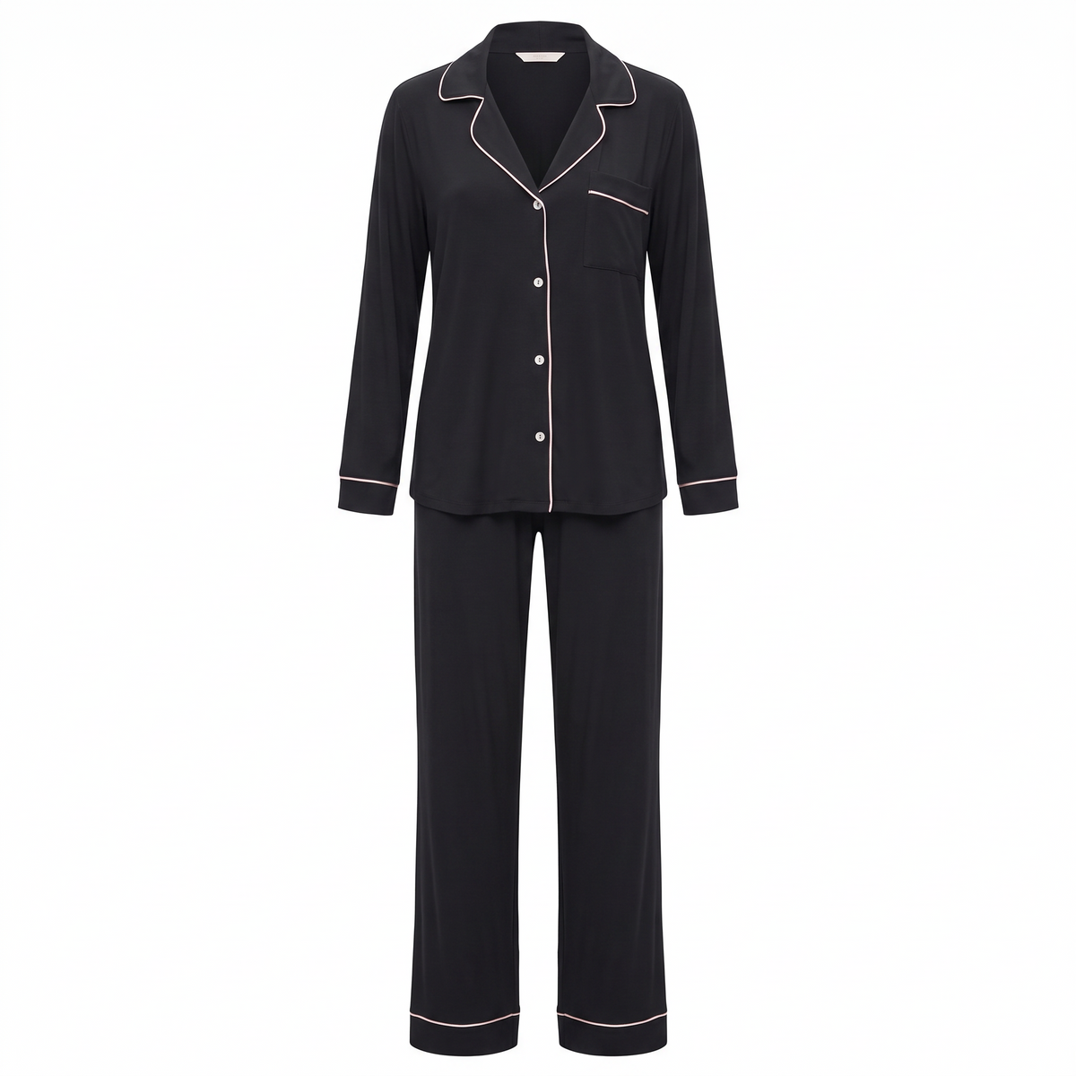 Willow modal button up pajama set in black, white background