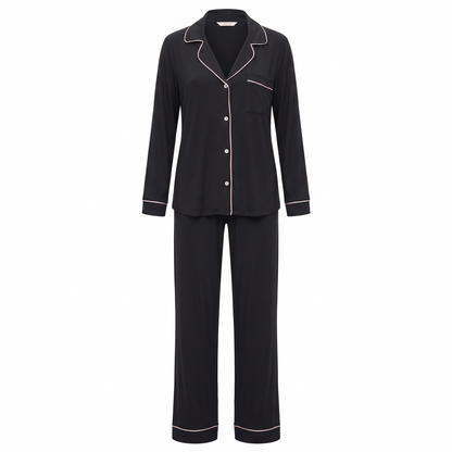Willow modal button up pajama set in black, white background