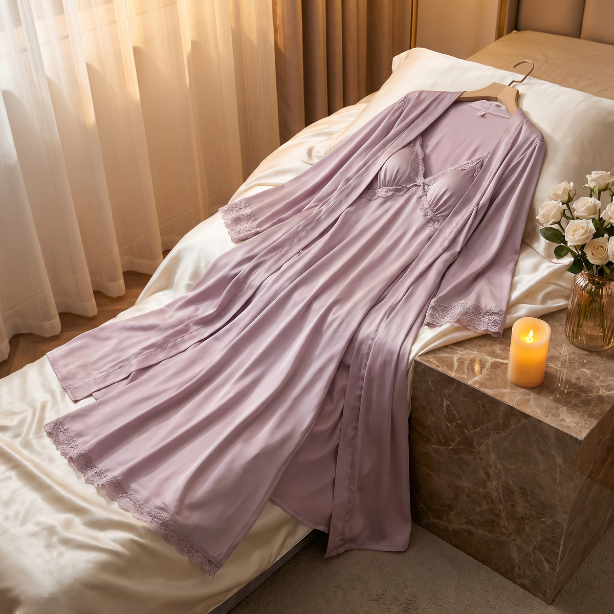 Celeste silky satin nightgown, styled in a cozy bedroom