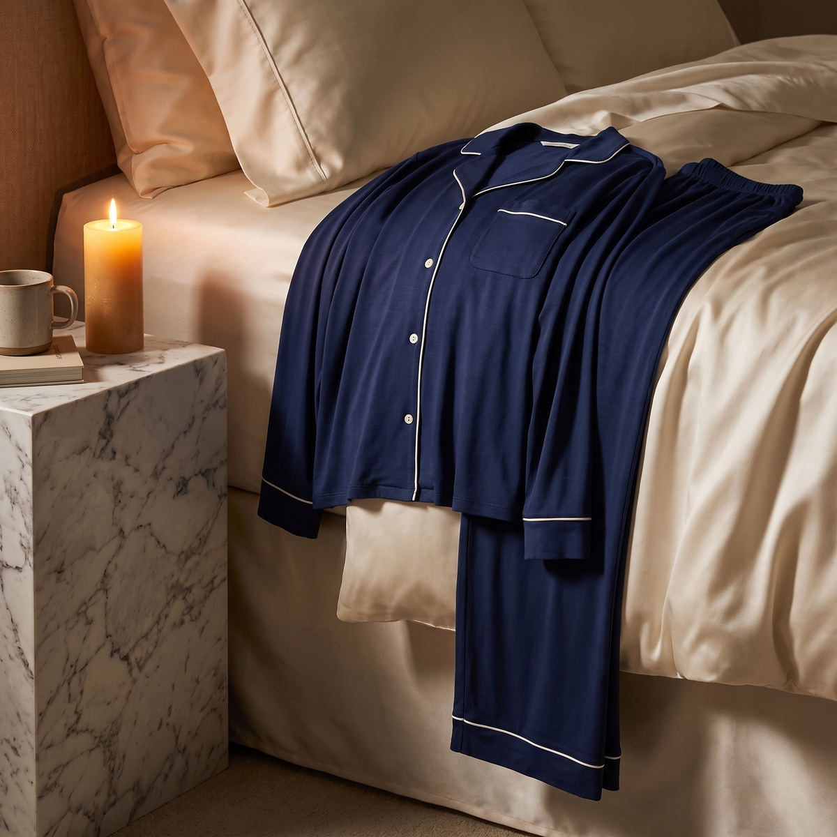 Willow modal button up pajama set, styled in a cozy bedroom