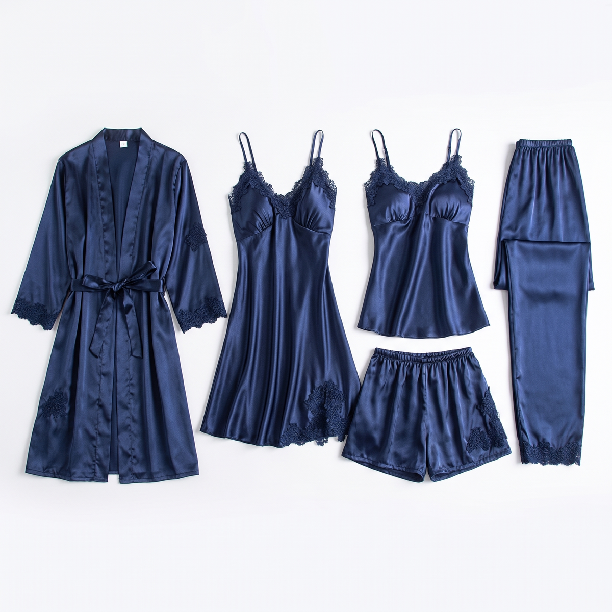 Luna silky satin 5 piece pajama set in navy blue, white background