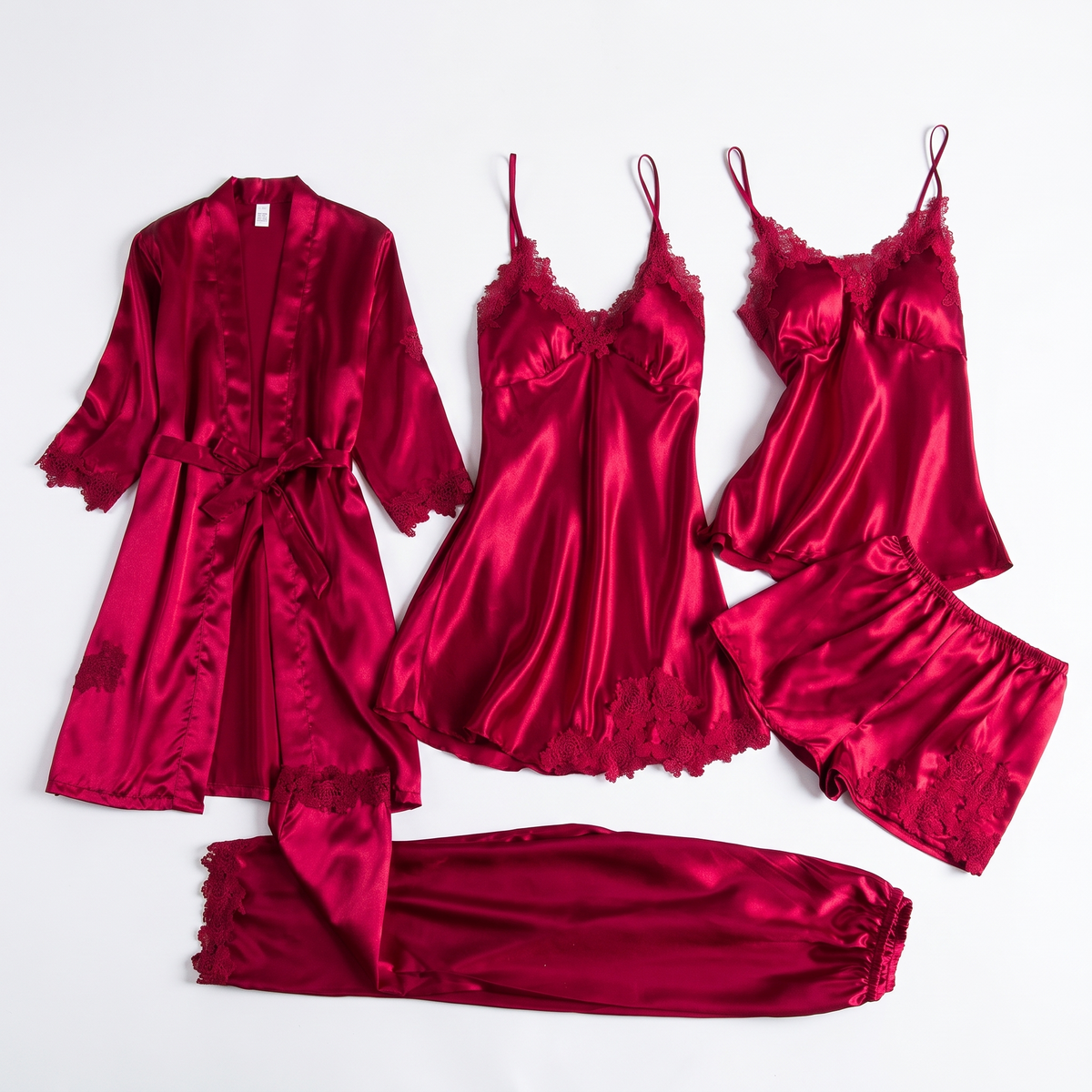 Luna silky satin 5 piece pajama set in wine red, white background