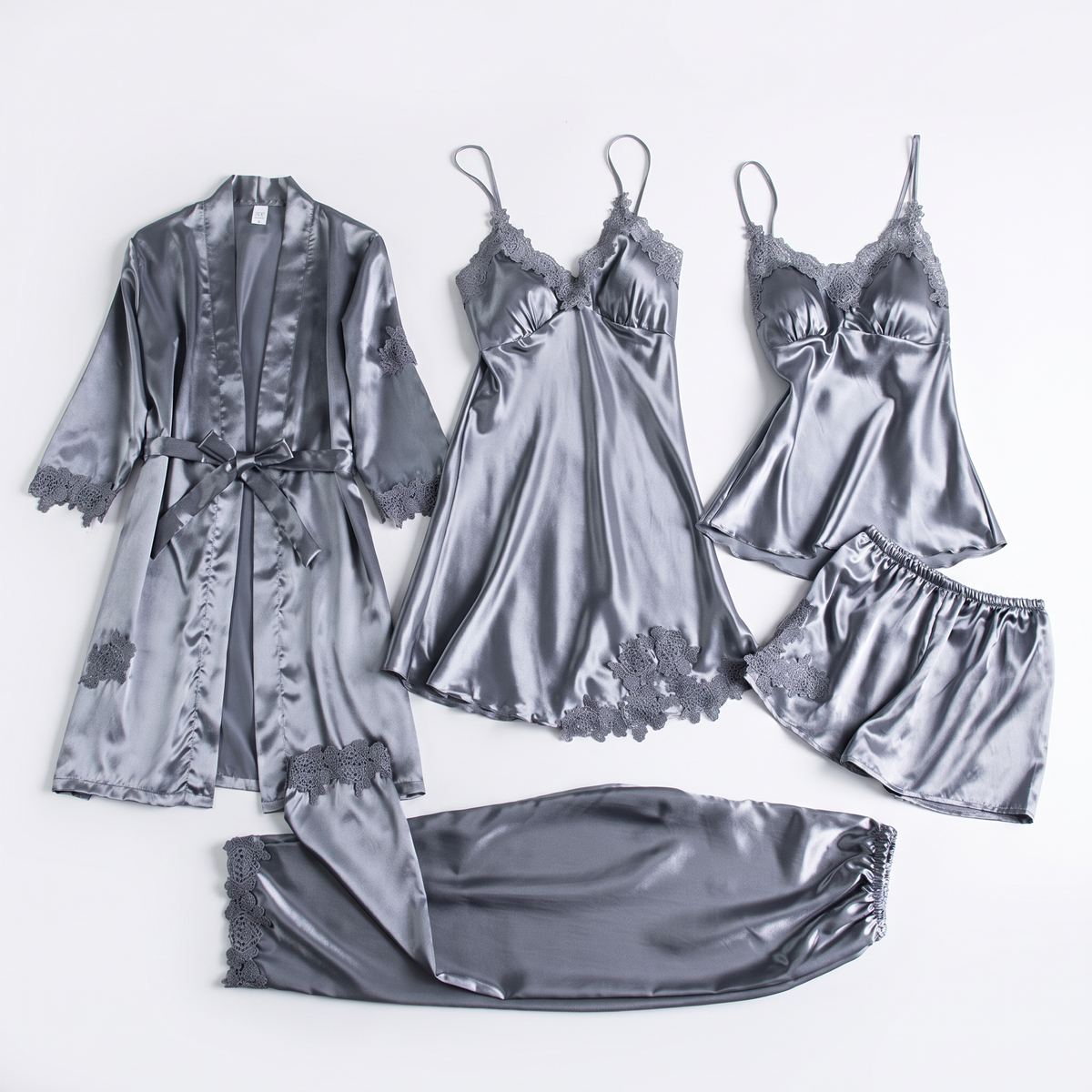 Luna silky satin 5 piece pajama set in gray, white background