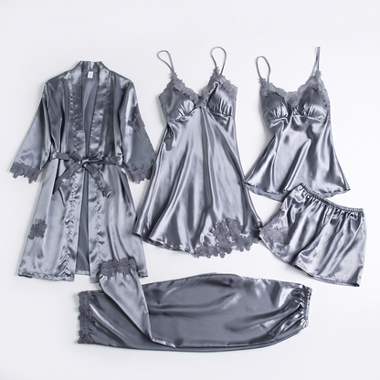 Luna silky satin 5 piece pajama set in gray, white background