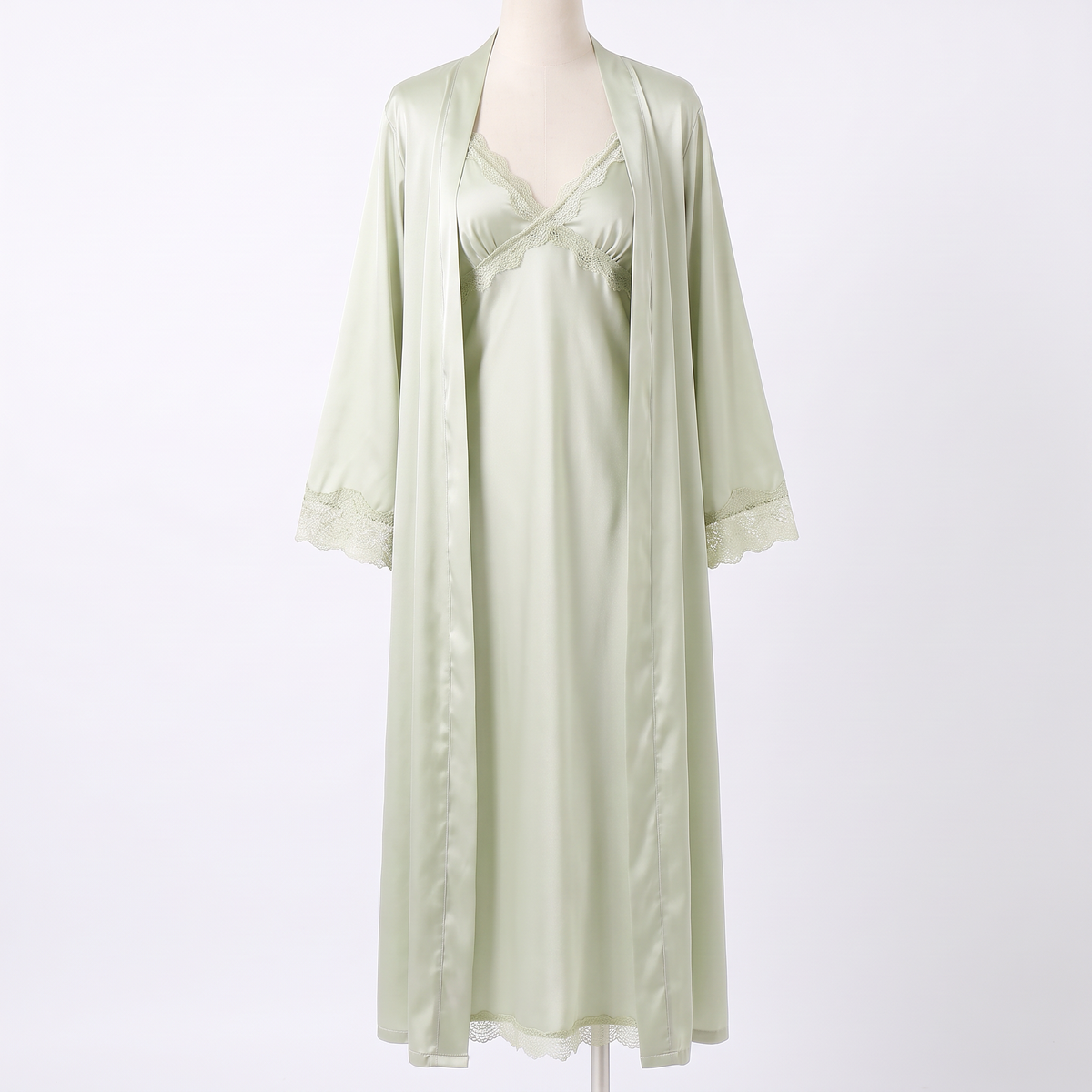 Celeste silky satin nightgown in light green with robe, white background