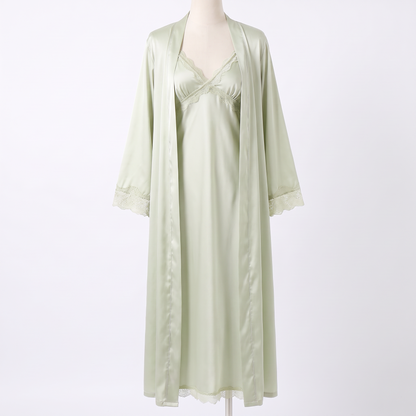 Celeste silky satin nightgown in light green with robe, white background