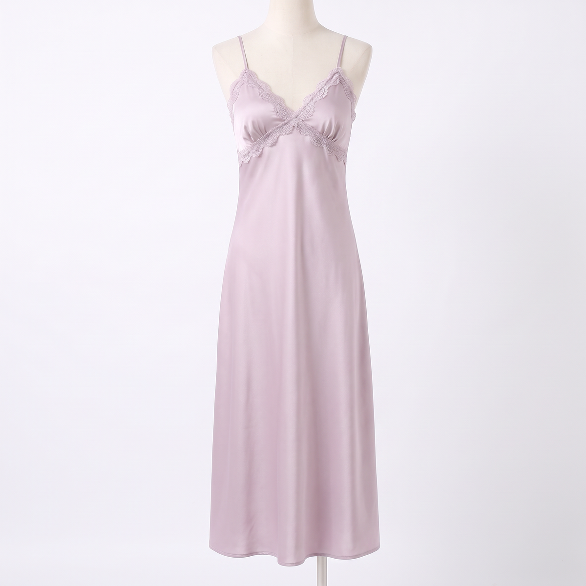 Celeste silky satin nightgown in light purple, white background