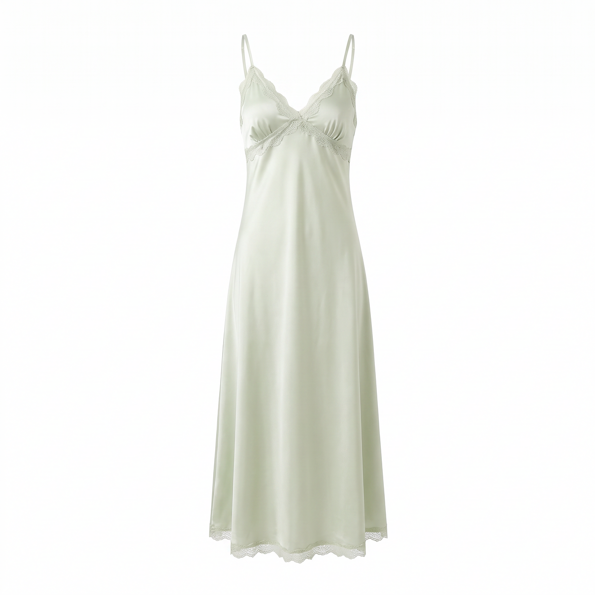 Celeste silky satin nightgown in light green, white background