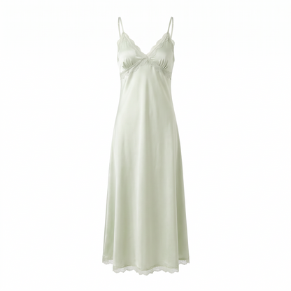 Celeste silky satin nightgown in light green, white background