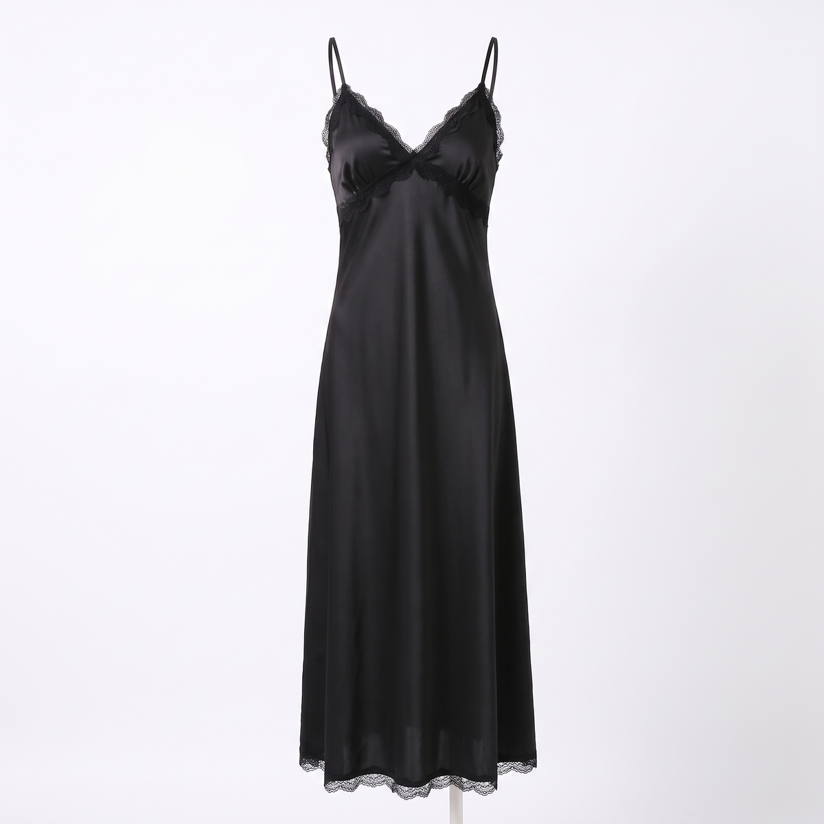 Celeste silky satin nightgown in black, white background