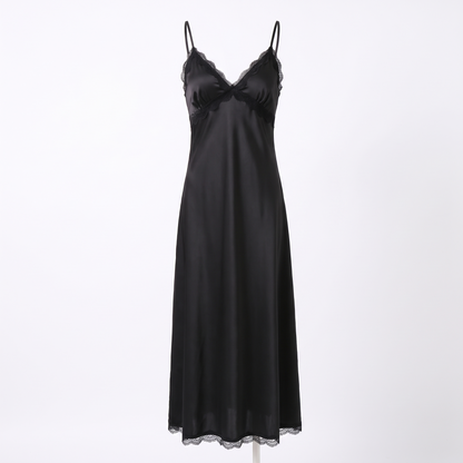 Celeste silky satin nightgown in black, white background