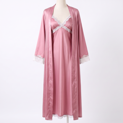 Celeste silky satin nightgown in pink with robe, white background