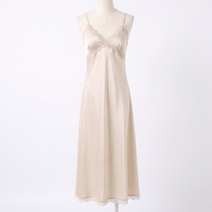 Celeste silky satin nightgown in champagne, white background