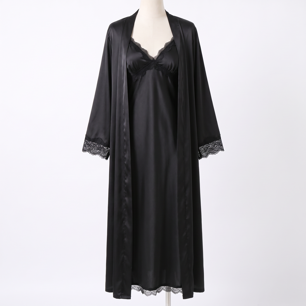 Celeste silky satin nightgown in black with robe, white background
