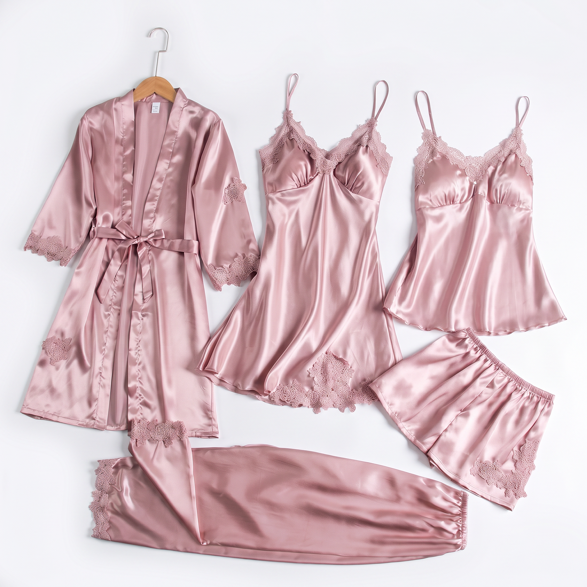 Luna silky satin 5 piece pajama set in leather pink, white background