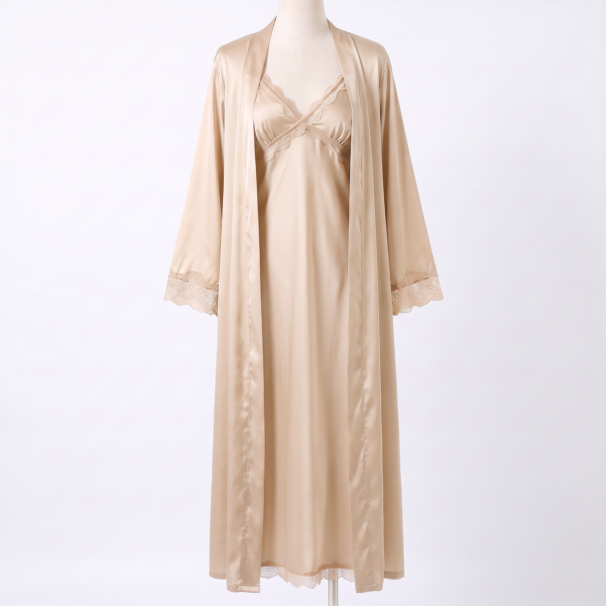 Celeste silky satin nightgown in champagne with robe, white background
