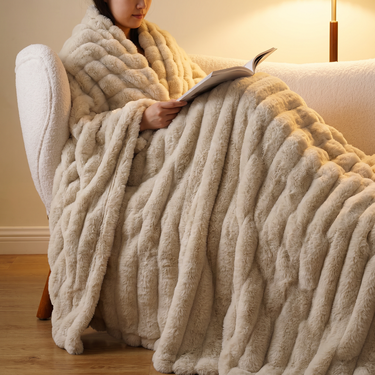 Nova Plush Faux Fur Throw styled in a living room