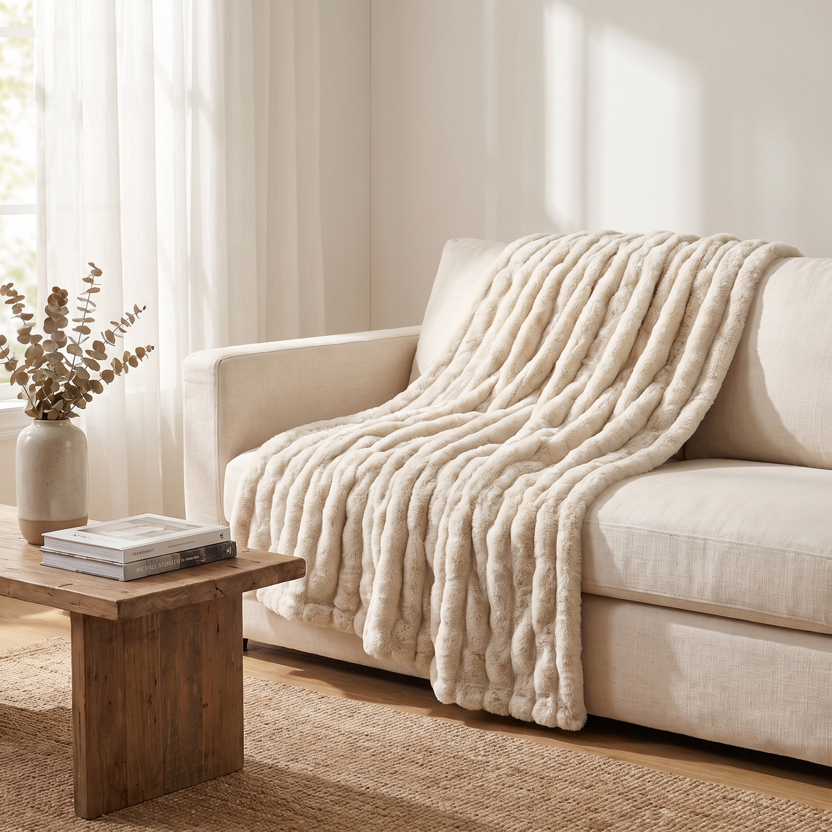 Nova Plush Faux Fur Throw draped on a sofa