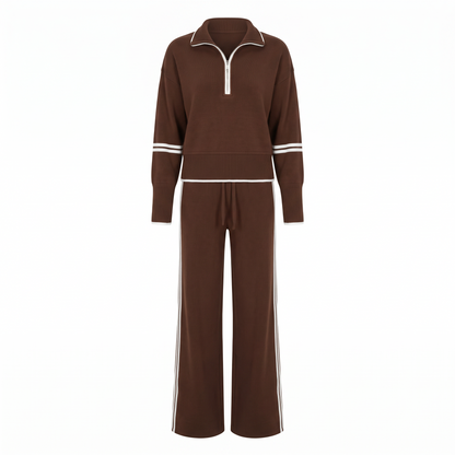 Sloane Half Zip Knit Wide Leg Set in Brown