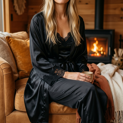 Luna Silky Satin Pajama Set in Black, cozy cabin