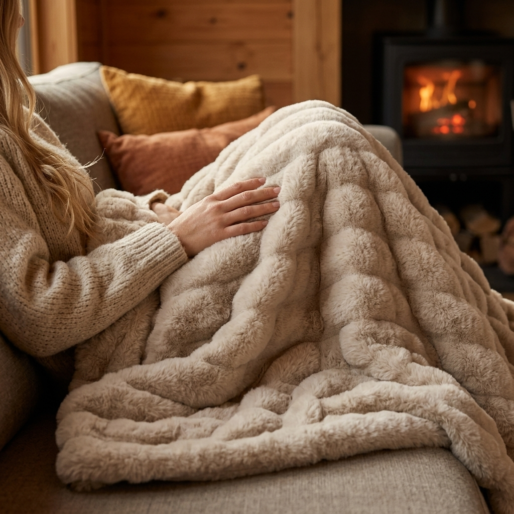 Nova Plush Faux Fur Throw in Beige, cozy cabin