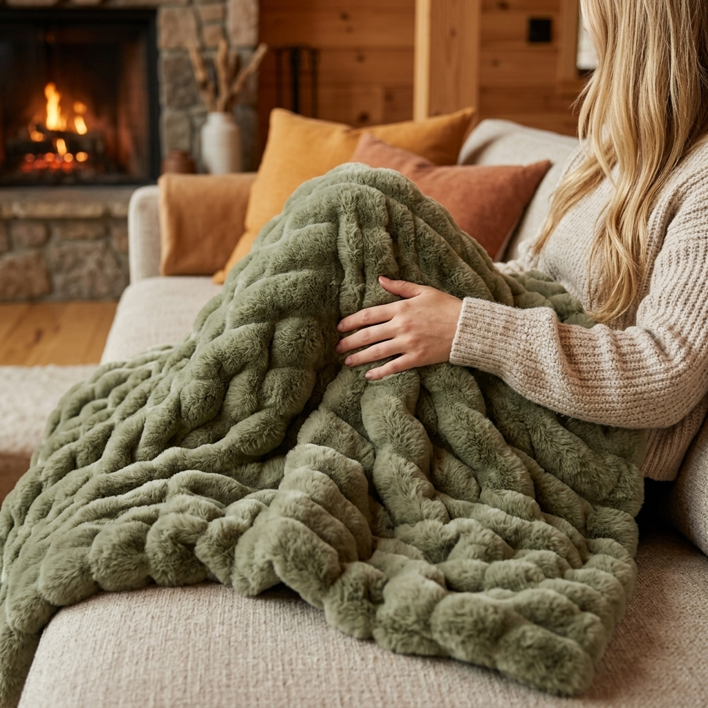 Nova Plush Faux Fur Throw in Olive Green, cozy cabin