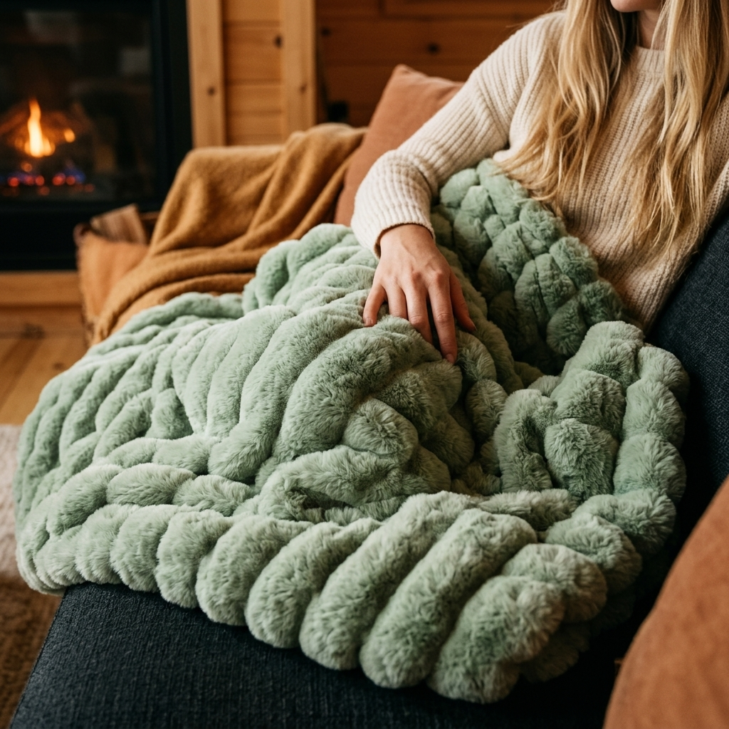 Nova Plush Faux Fur Throw in Sage Green, cozy cabin